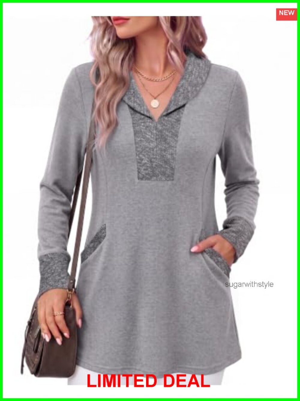 Womens V Neck Tunic Sweater with Pockets Long Sleeve Knit Work Top